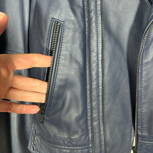 JOIE Caldine Moto Jacket Navy Blue Leather Zip Up Collared Women’s Size Medium - Picture 10 of 16